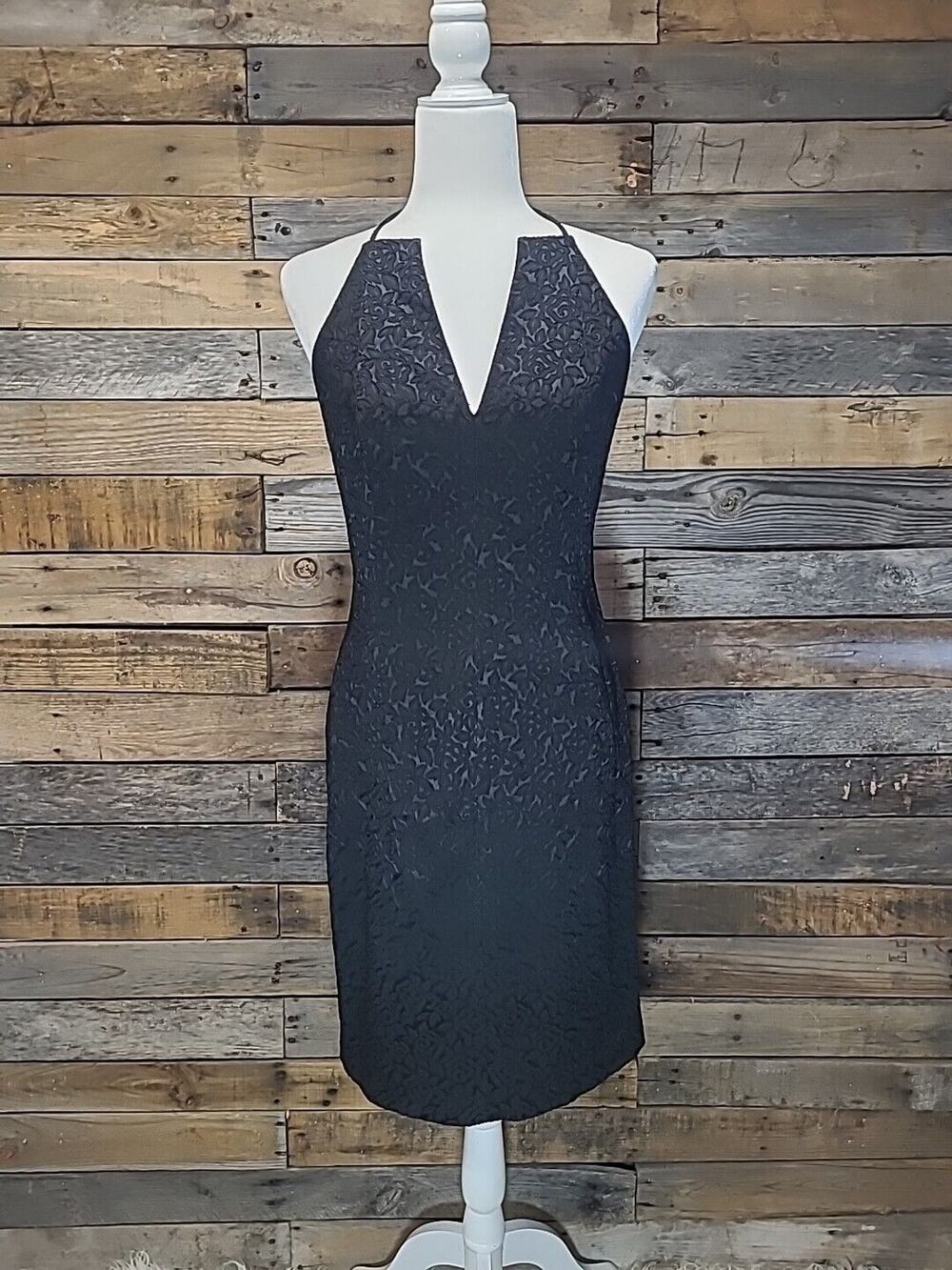 Vtg David Meister Dress Black Embossed Halter Top Evening Cocktail Open Back 4